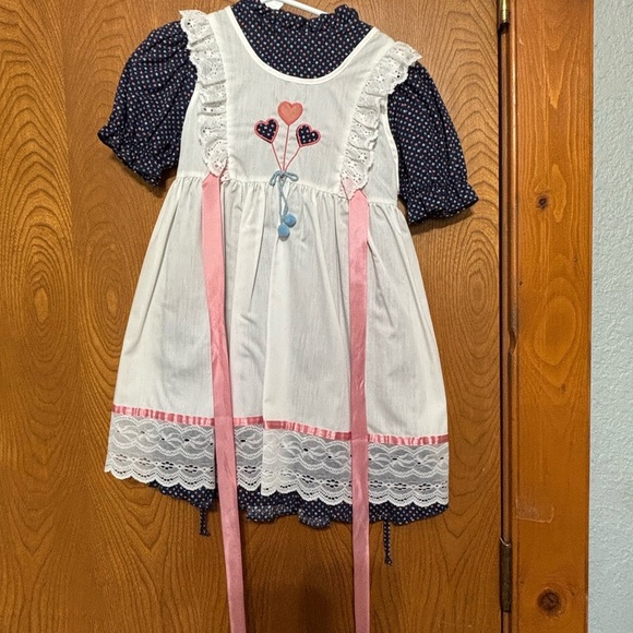 White and Pink Embroidered Pinafore & Dress with Blue Polka Dots - Picture 1 of 3